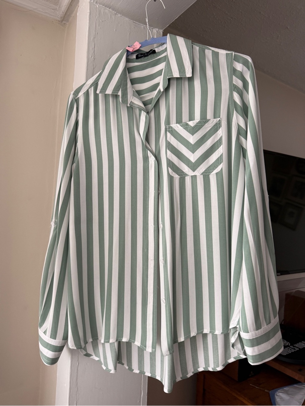 Striped Button-Up Shirt - Sage Green & White